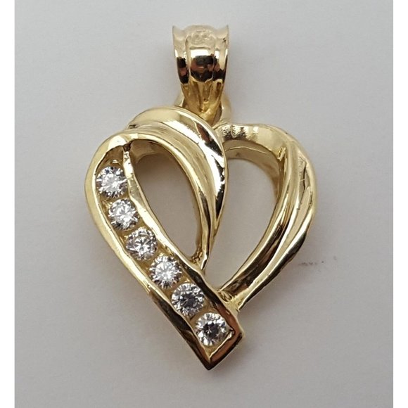 Unique 14K Solid Yellow Gold Designer Open Heart Cubic Zirconia Charm Pendant